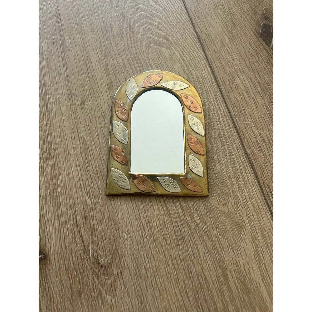 Vtg Moroccan Mini Mirror Handmade Brass Wall Hang Copper Silver Brass Arch 4.5